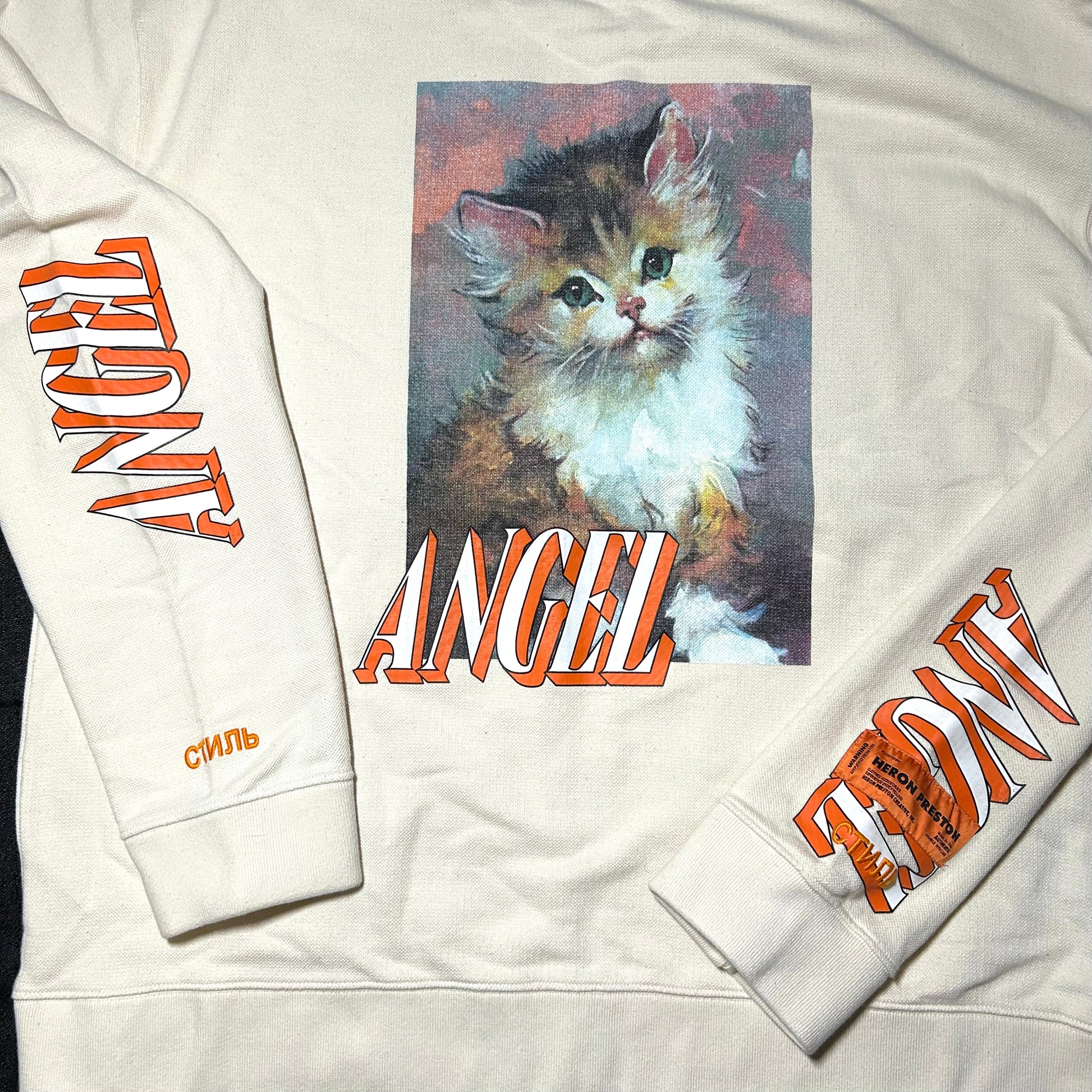 Heron Preston Angel Crewneck Sweater w Painted Cat Portrait Large Gra Thrifted Greatness