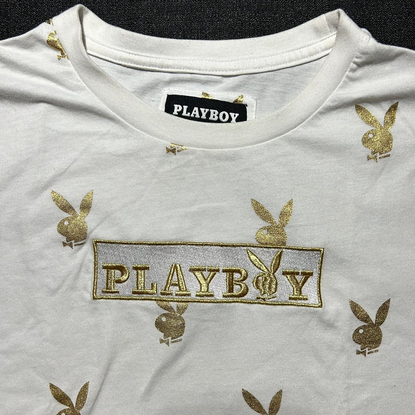 Playboy Gold Bunny Repeat Print T-Shirt w/ Embroidered Logo - Large - White