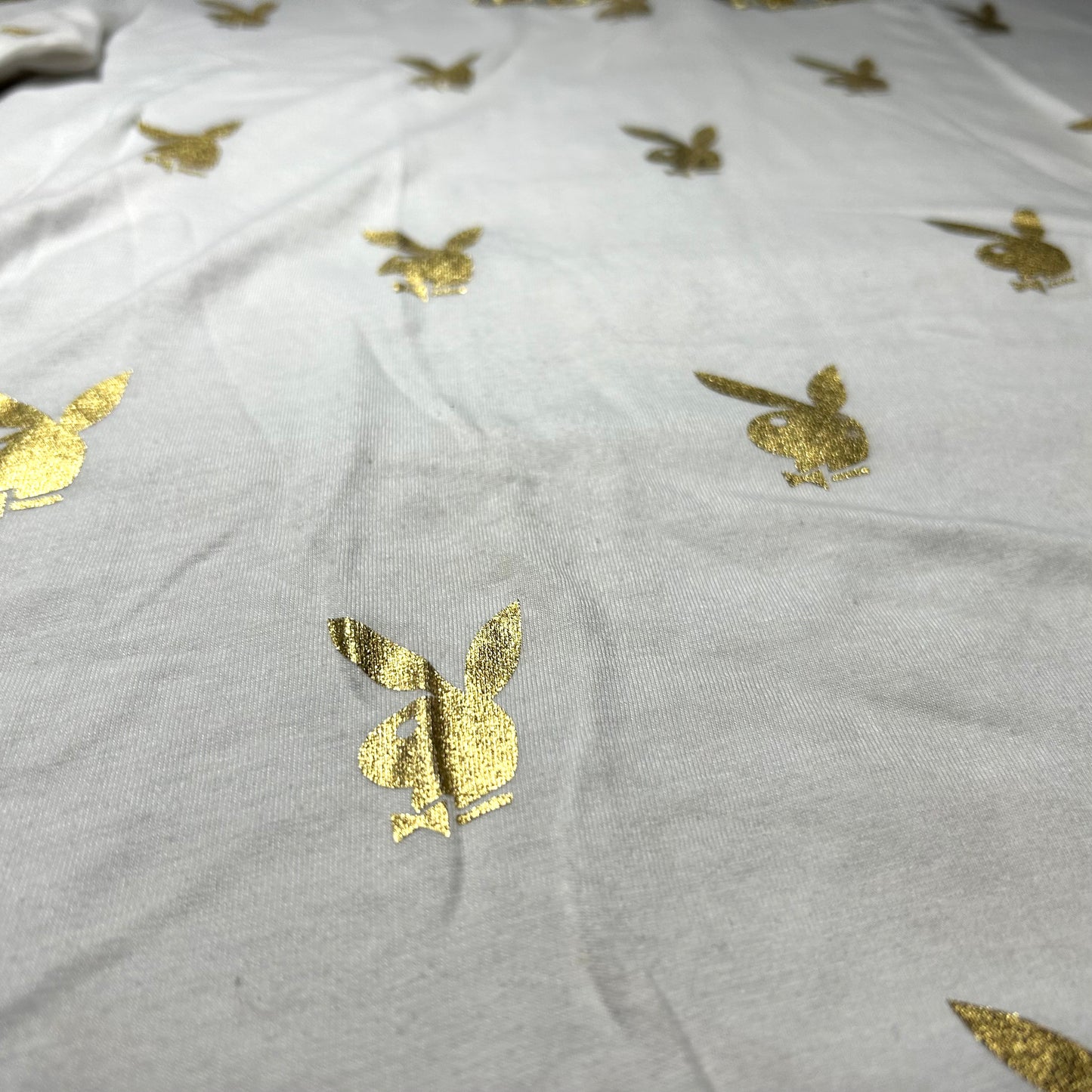 Playboy Gold Bunny Repeat Print T-Shirt w/ Embroidered Logo - Large - White