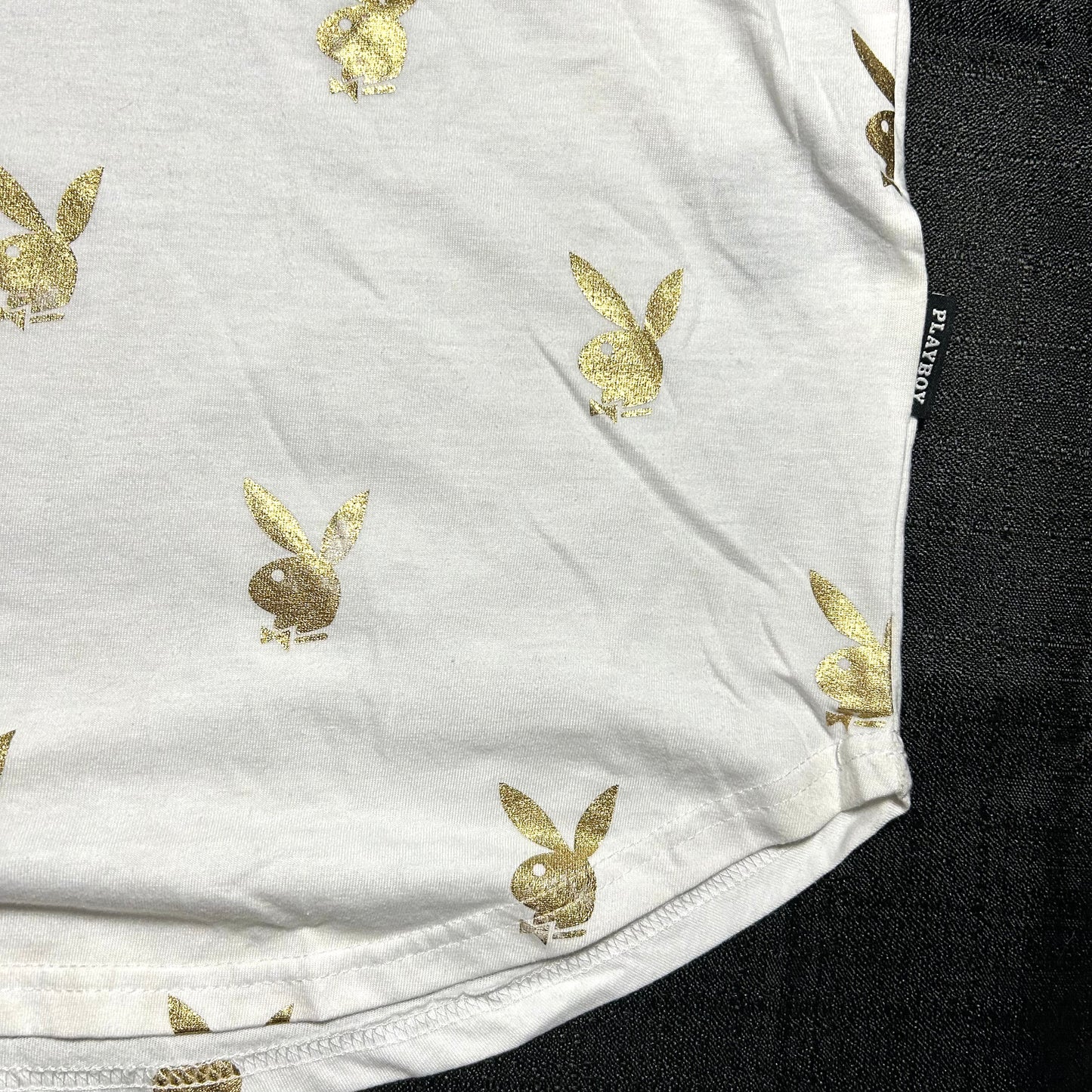 Playboy Gold Bunny Repeat Print T-Shirt w/ Embroidered Logo - Large - White