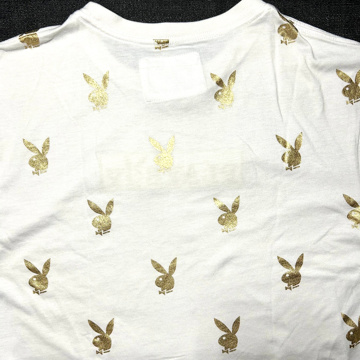 Playboy Gold Bunny Repeat Print T-Shirt w/ Embroidered Logo - Large - White