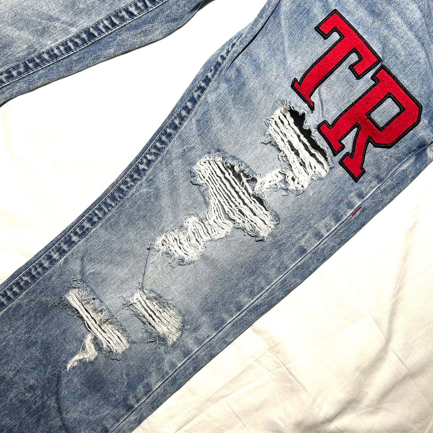 True Religion Distressed Straight Jeans w/ 'TR' Patchwork Embroidery