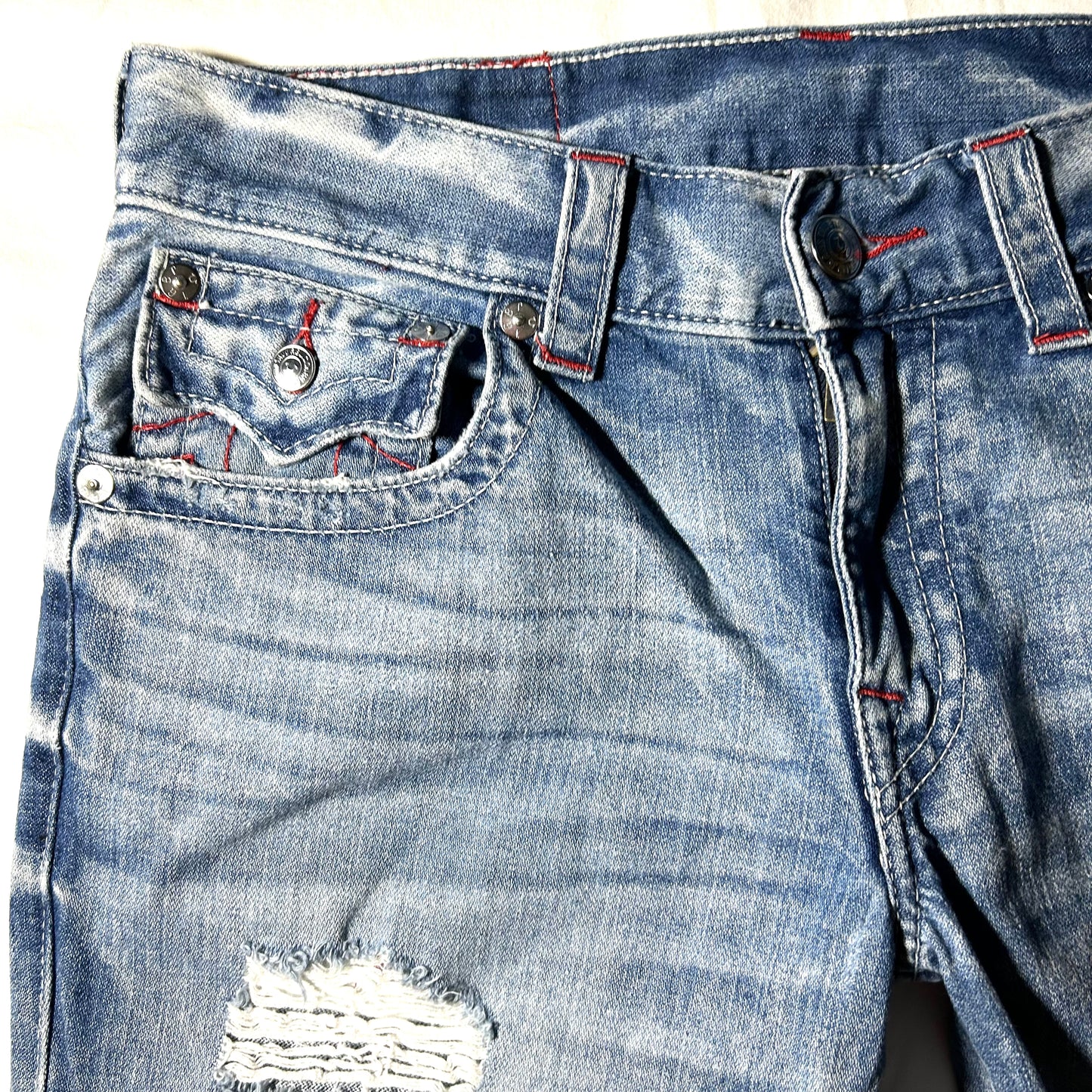 True Religion Distressed Straight Jeans w/ 'TR' Patchwork Embroidery