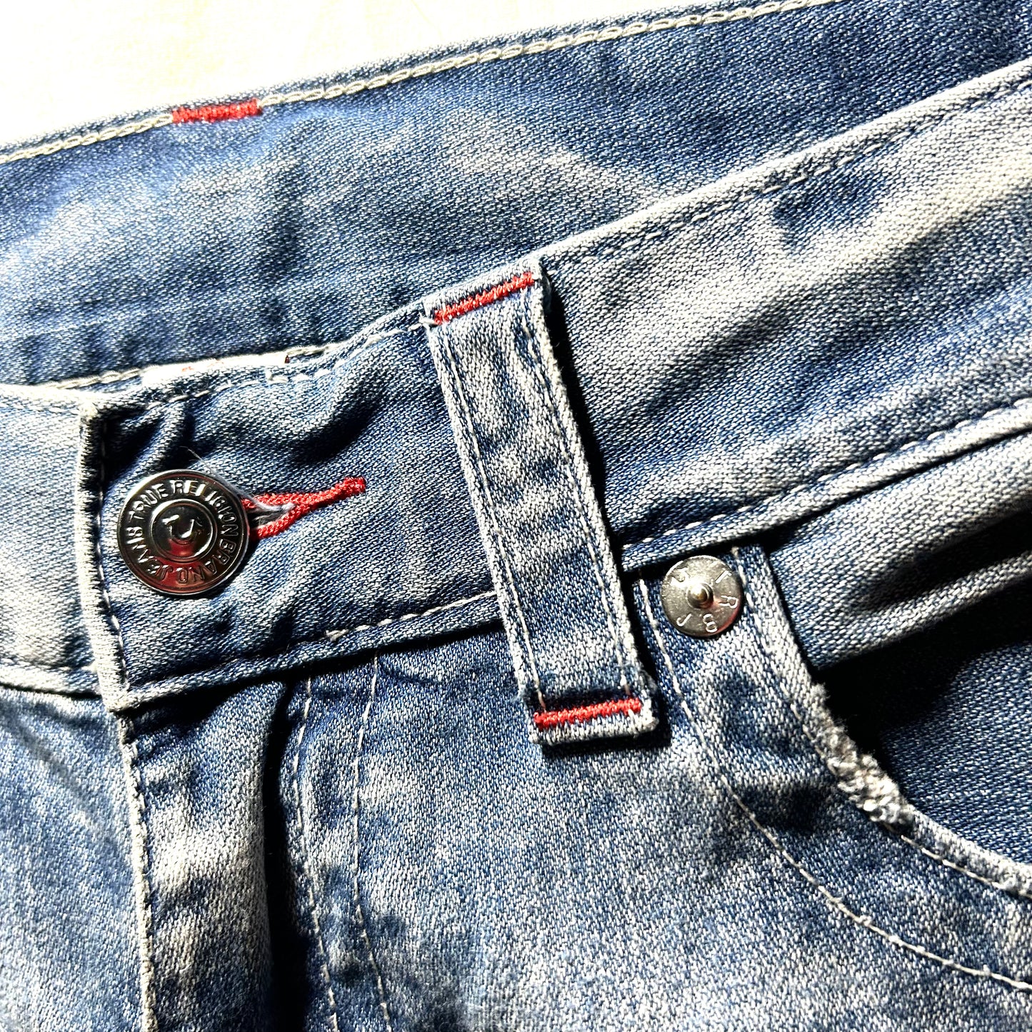 True Religion Distressed Straight Jeans w/ 'TR' Patchwork Embroidery