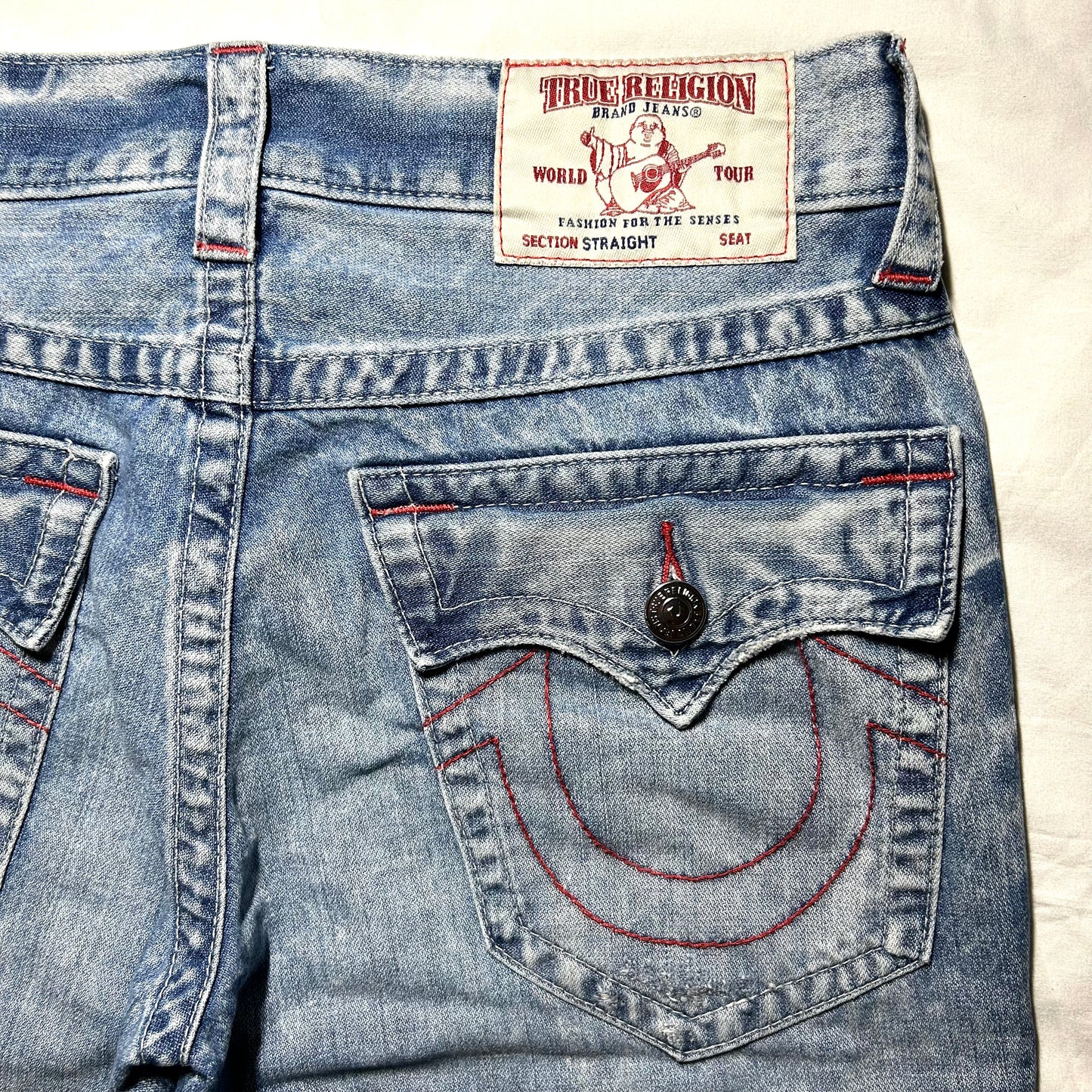 True Religion Distressed Straight Jeans w/ 'TR' Patchwork Embroidery