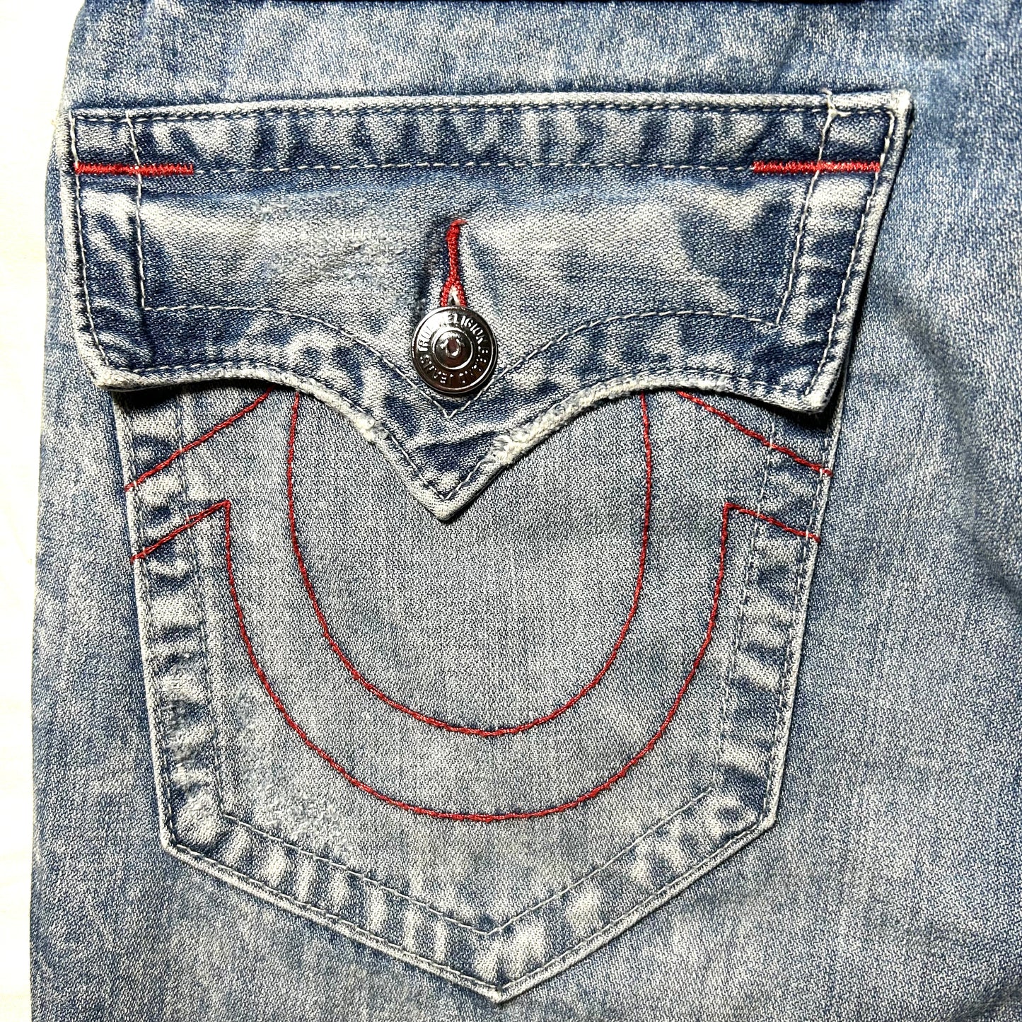 True Religion Distressed Straight Jeans w/ 'TR' Patchwork Embroidery