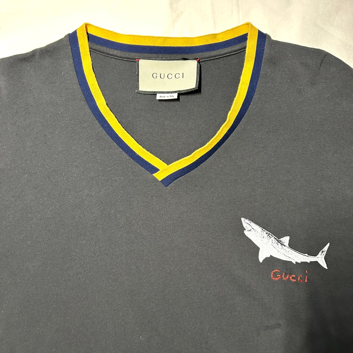 Gucci Shark w/ Embroidered Logo V-Neck T-Shirt - 2XL - Gray