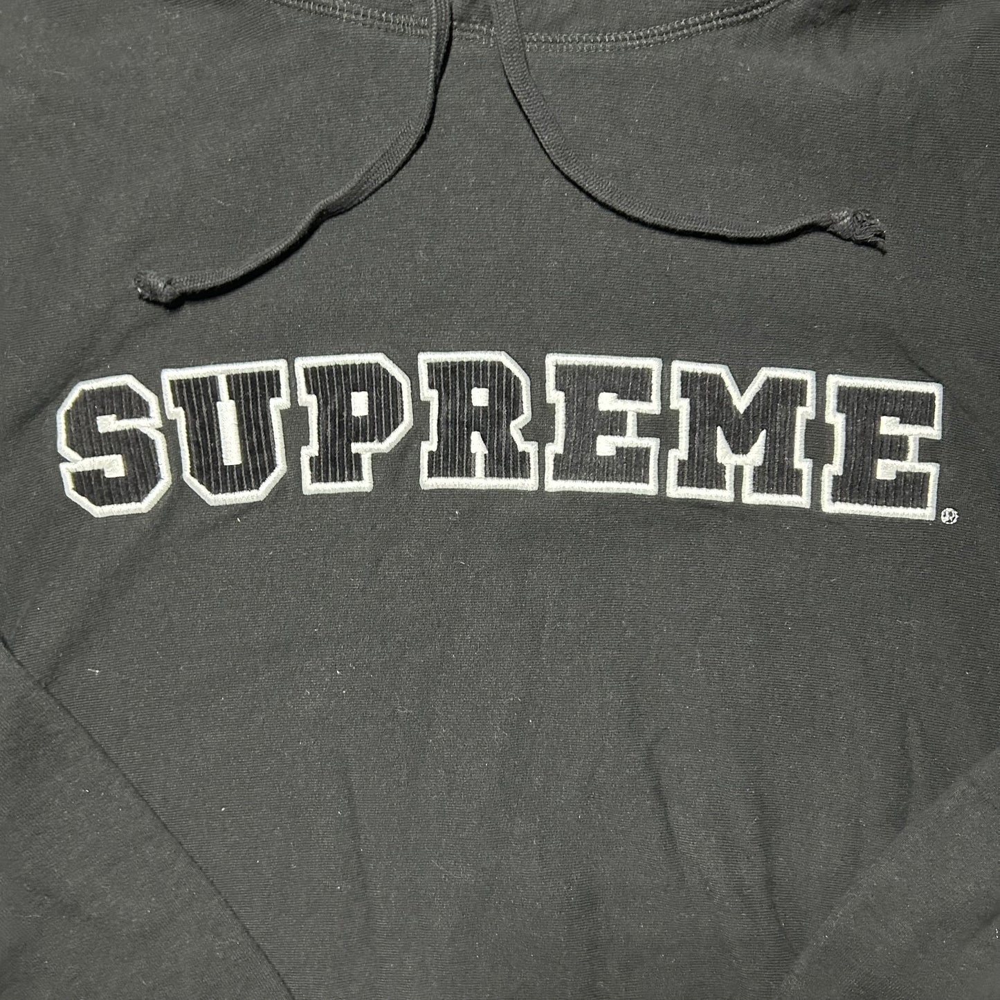 Supreme Cord Collegiate Logo Hooded Sweatshirt (Spring/Summer 2018) - XL - Black