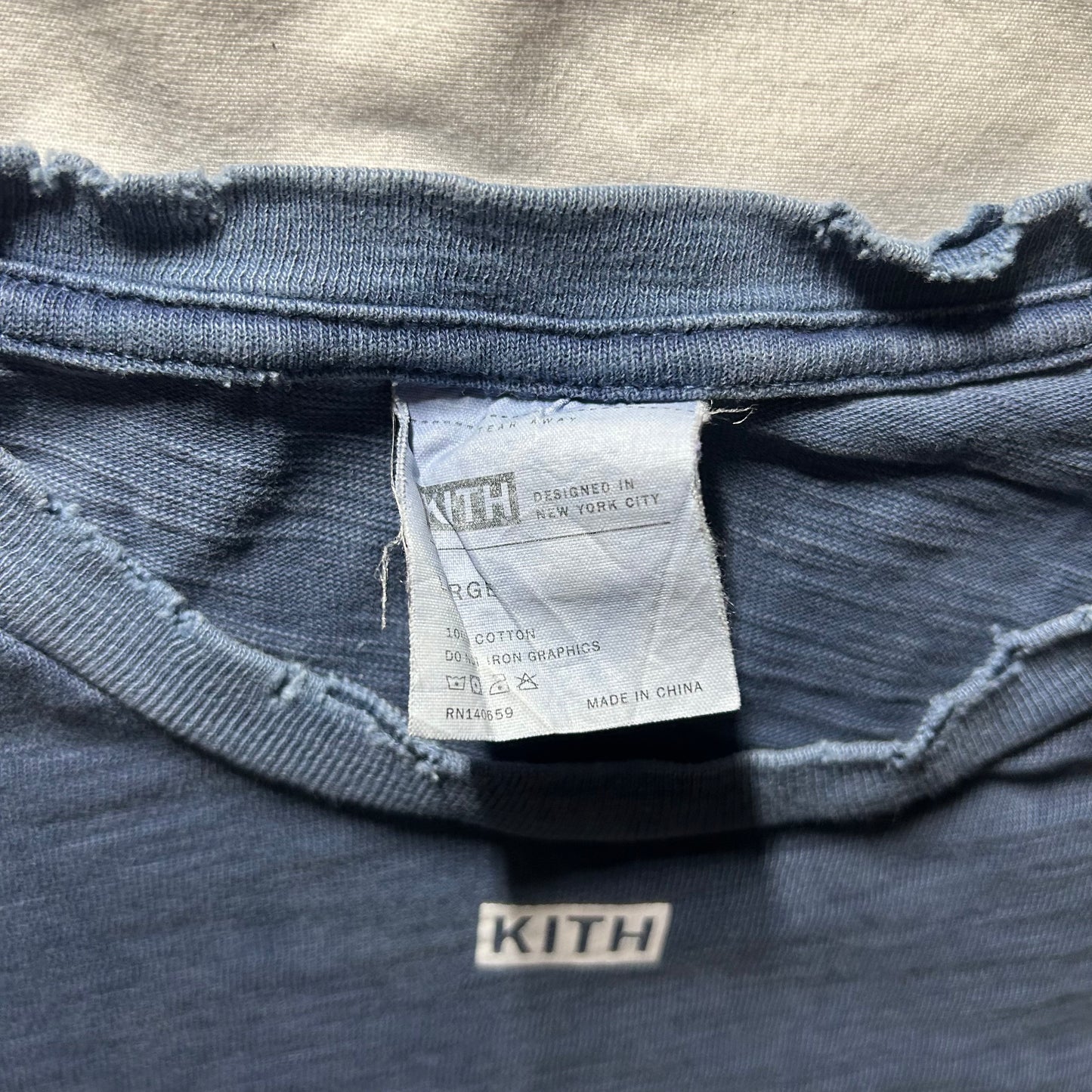 Kith JFK Mini Logo Distressed T-Shirt (Spring/Summer 2018) - Large - Dark Indigo