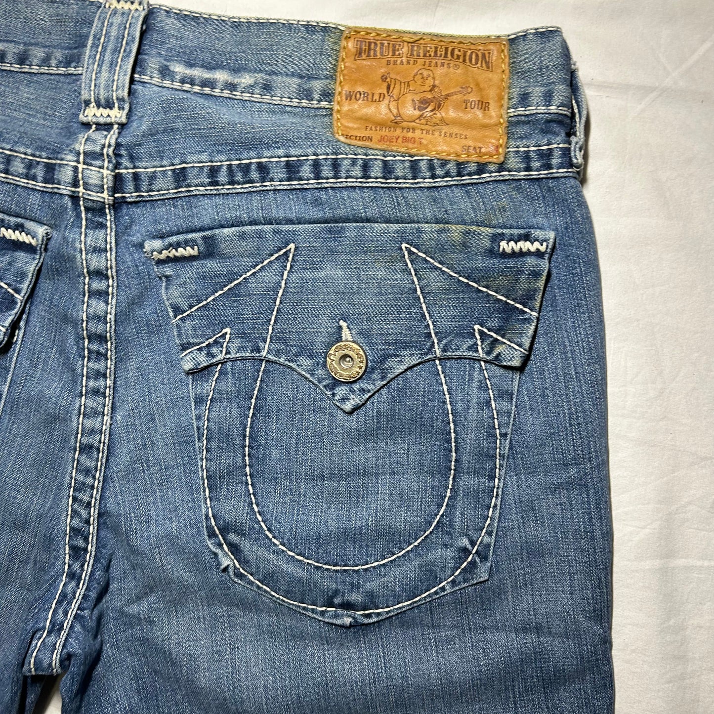 True Religion Joey Big T Flare Jeans Made in USA - 38 x 34 - Light Indigo/White Stitching