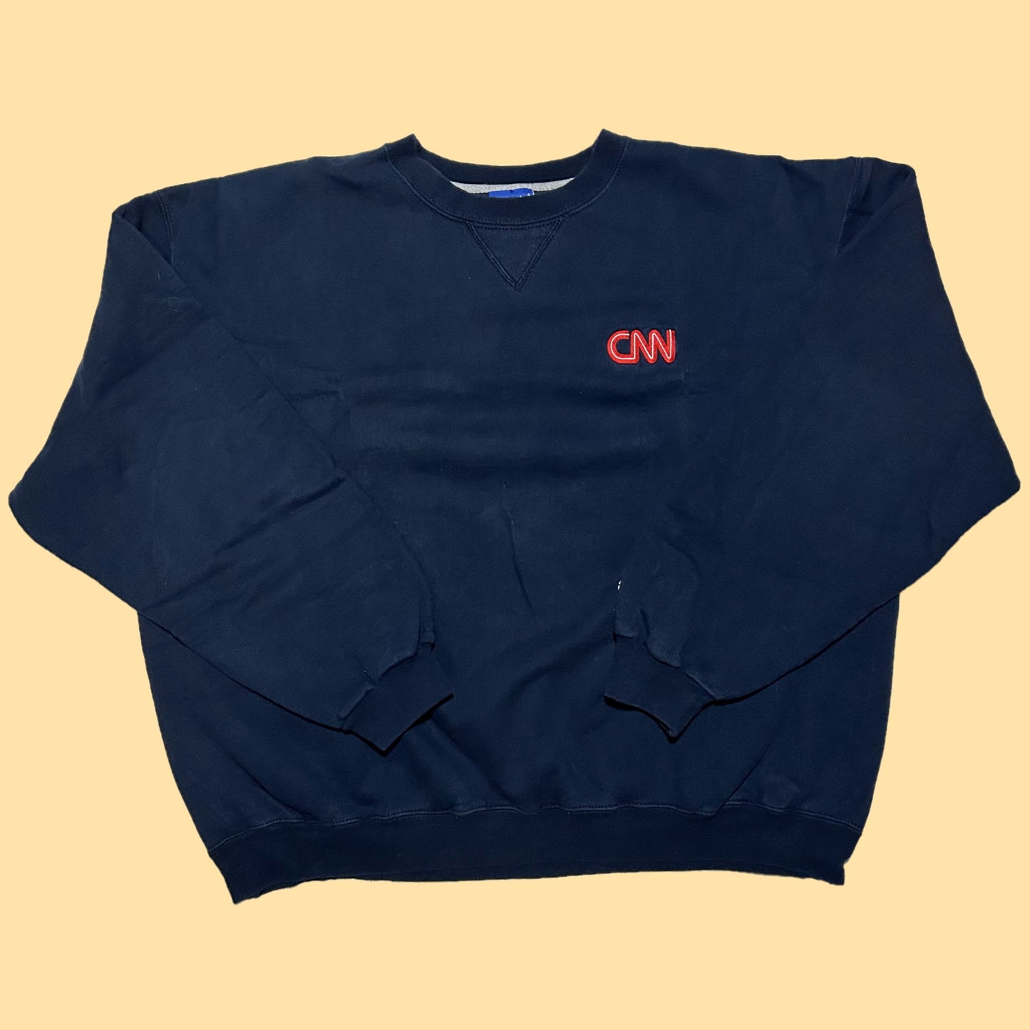 Vintage Champion CNN Embroidered Chest Logo Crewneck Sweater - XL - Navy