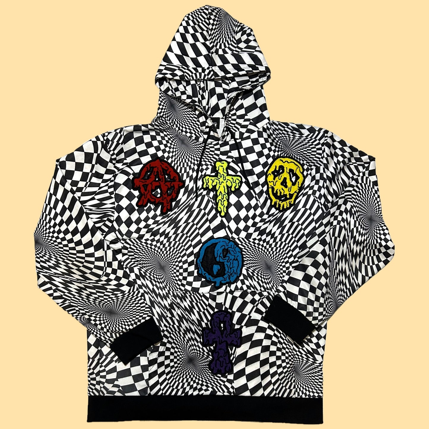 Jeremy Scott Anarchy Cross Skull Yin Yang Patches Hoodie - Large - Black/White