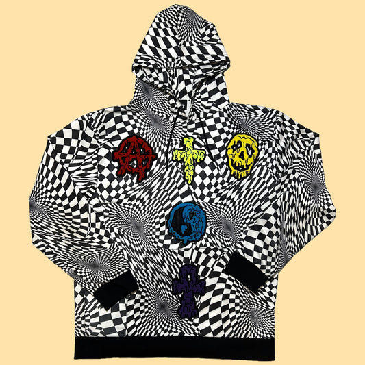 Jeremy Scott Anarchy Cross Skull Yin Yang Patches Hoodie - Large - Black/White