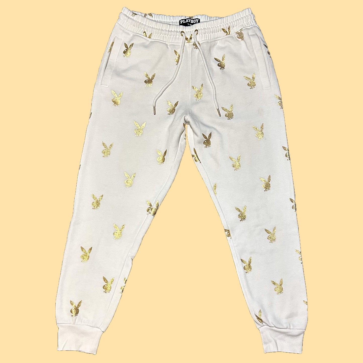 Playboy Gold Bunny Repeat Print Sweatpants - Large - White