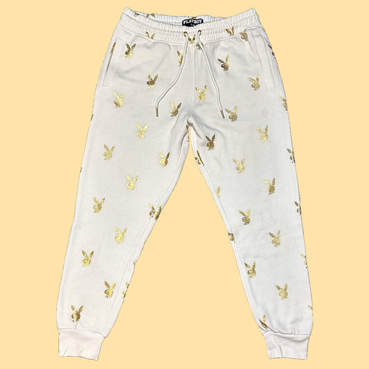 Playboy Gold Bunny Repeat Print Sweatpants - Large - White