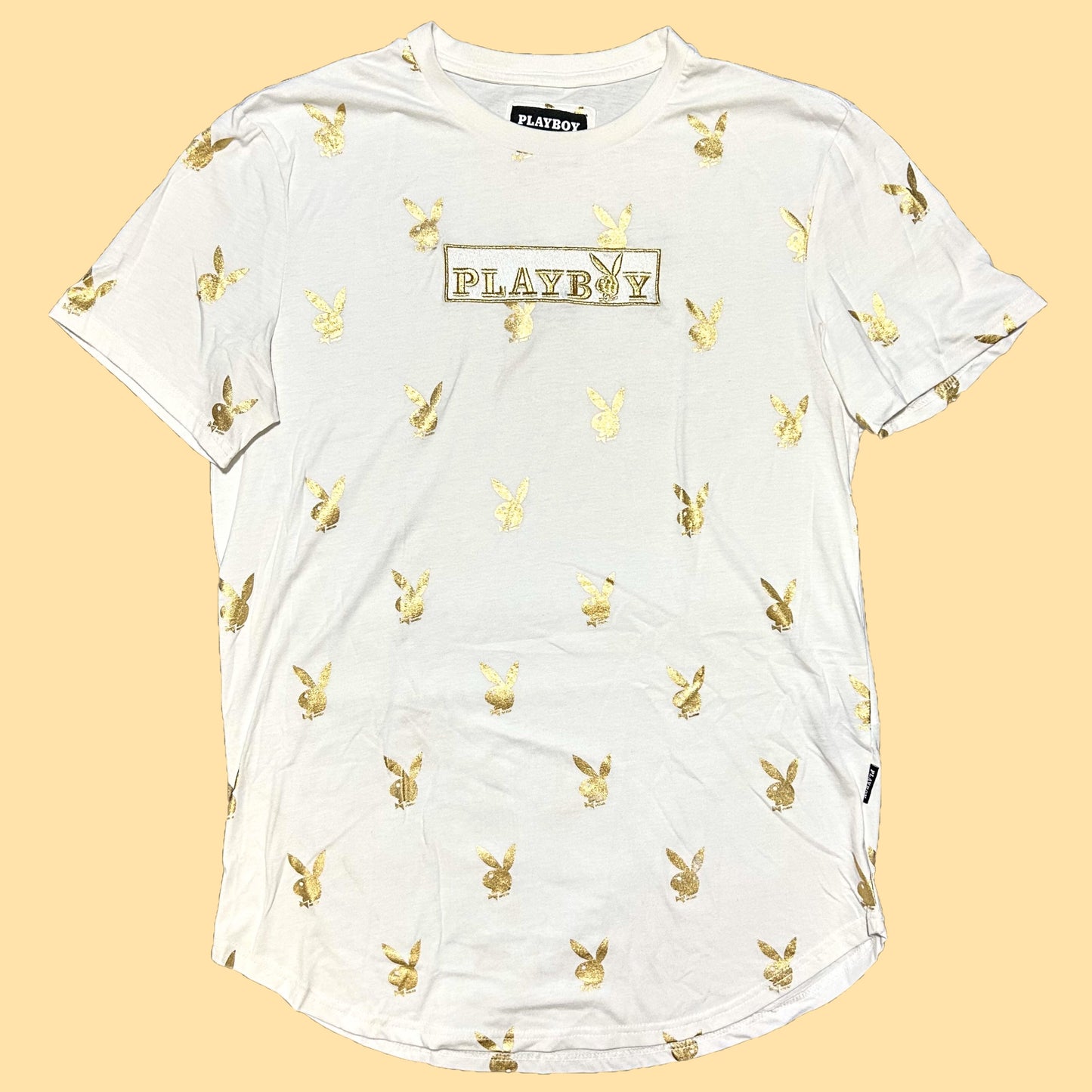 Playboy Gold Bunny Repeat Print T-Shirt w/ Embroidered Logo - Large - White