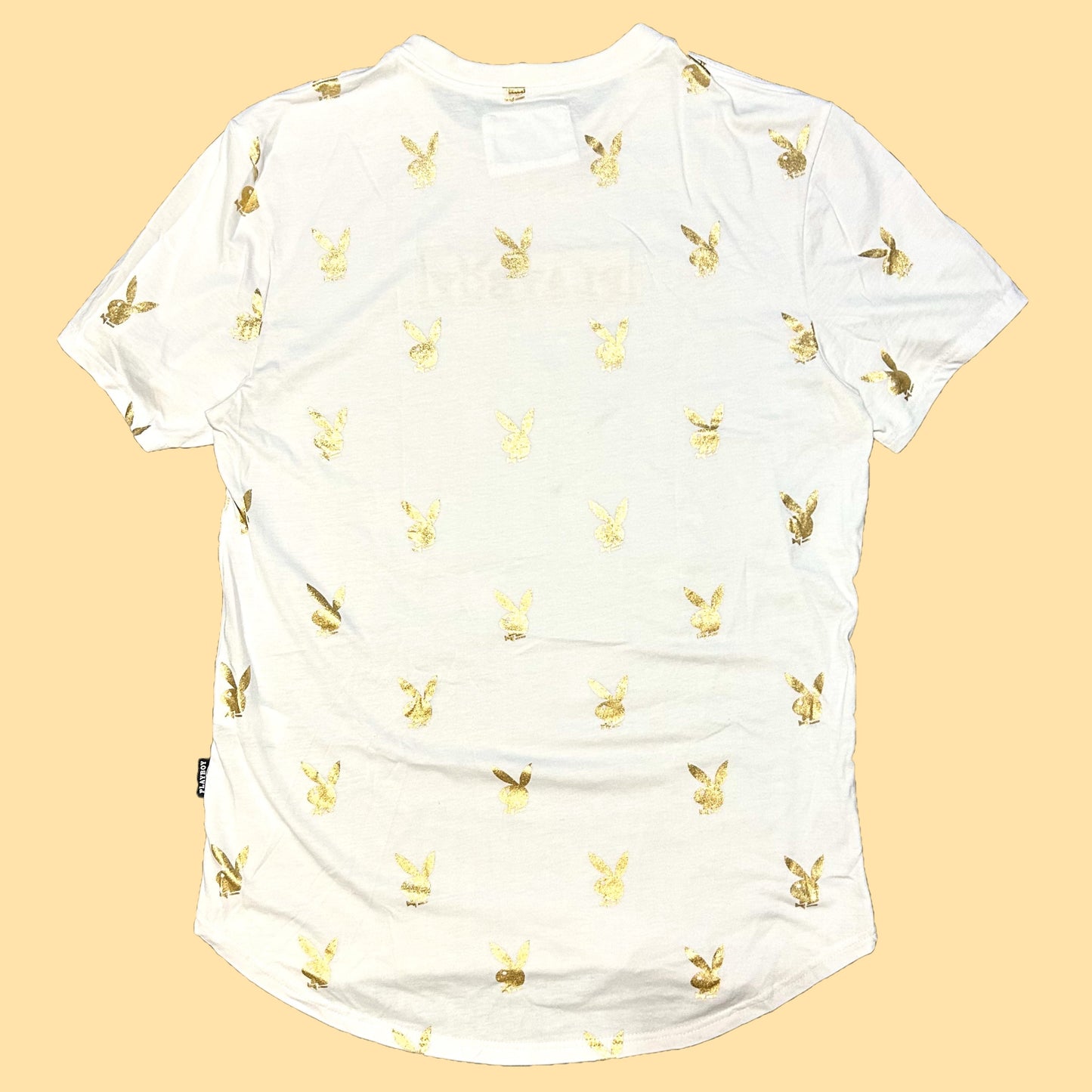 Playboy Gold Bunny Repeat Print T-Shirt w/ Embroidered Logo - Large - White