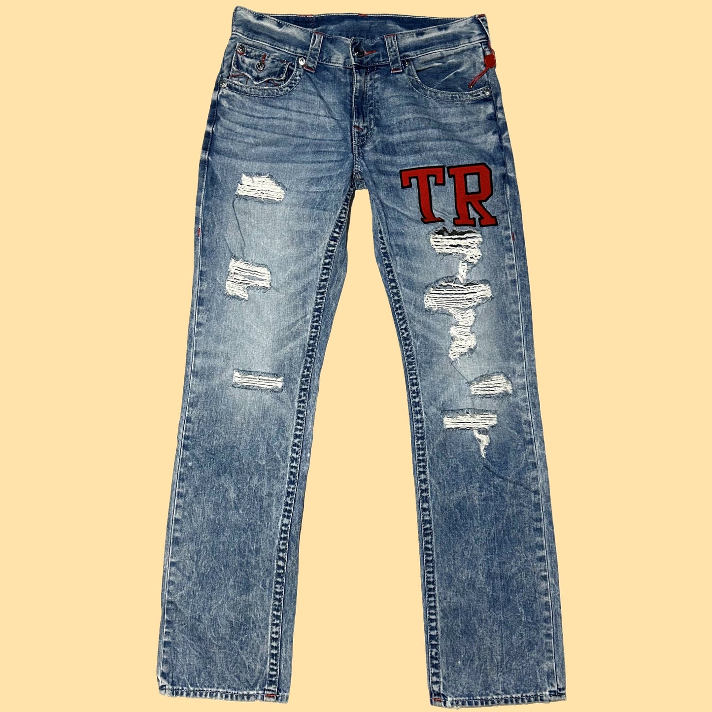 True Religion Distressed Straight Jeans w/ 'TR' Patchwork Embroidery