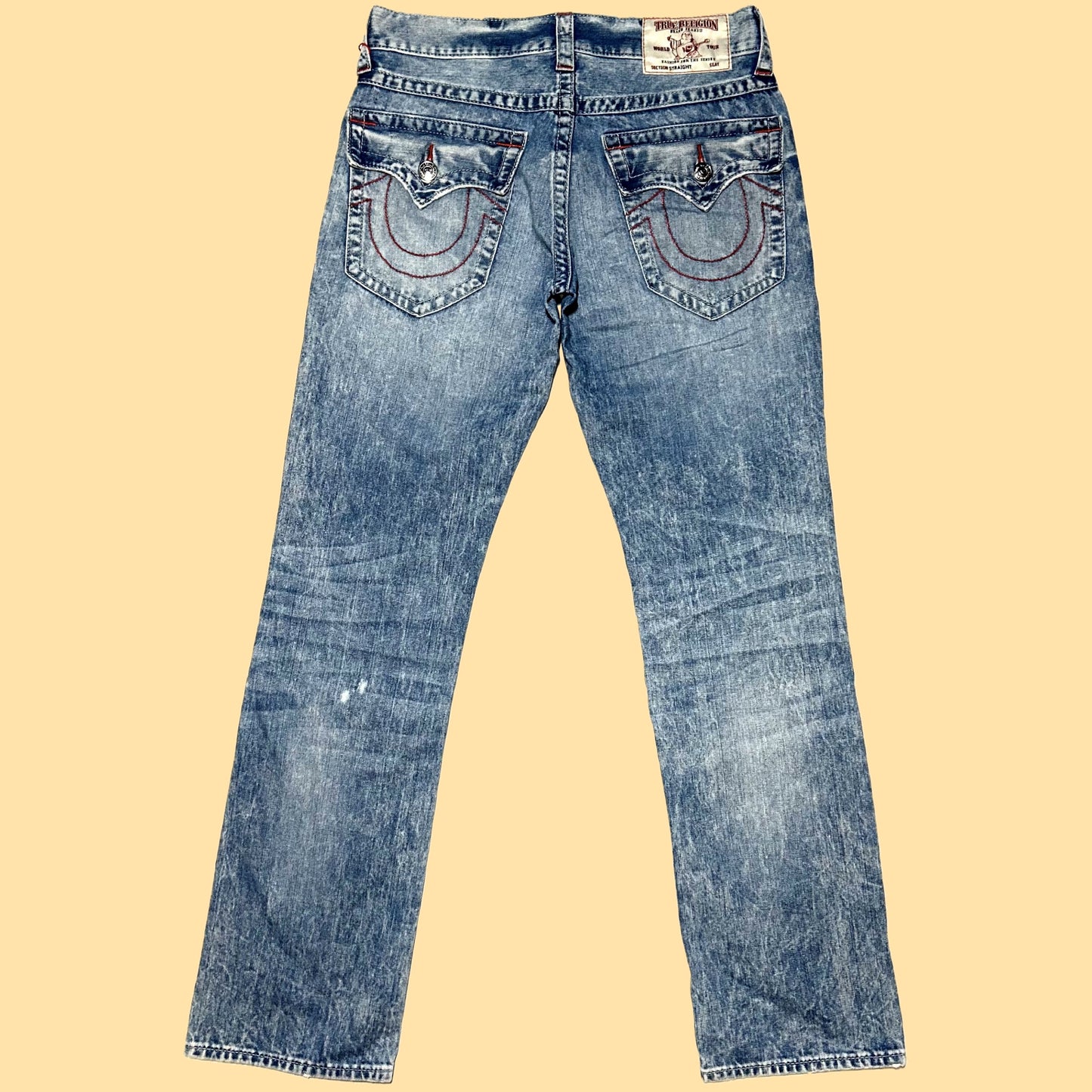 True Religion Distressed Straight Jeans w/ 'TR' Patchwork Embroidery